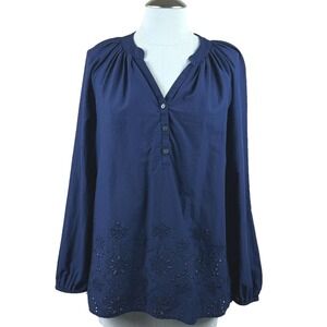 Lilly Pulitzer Women Navy Blue Eyelet Embroidered V-Neck Button‎ Up Blouse Top S